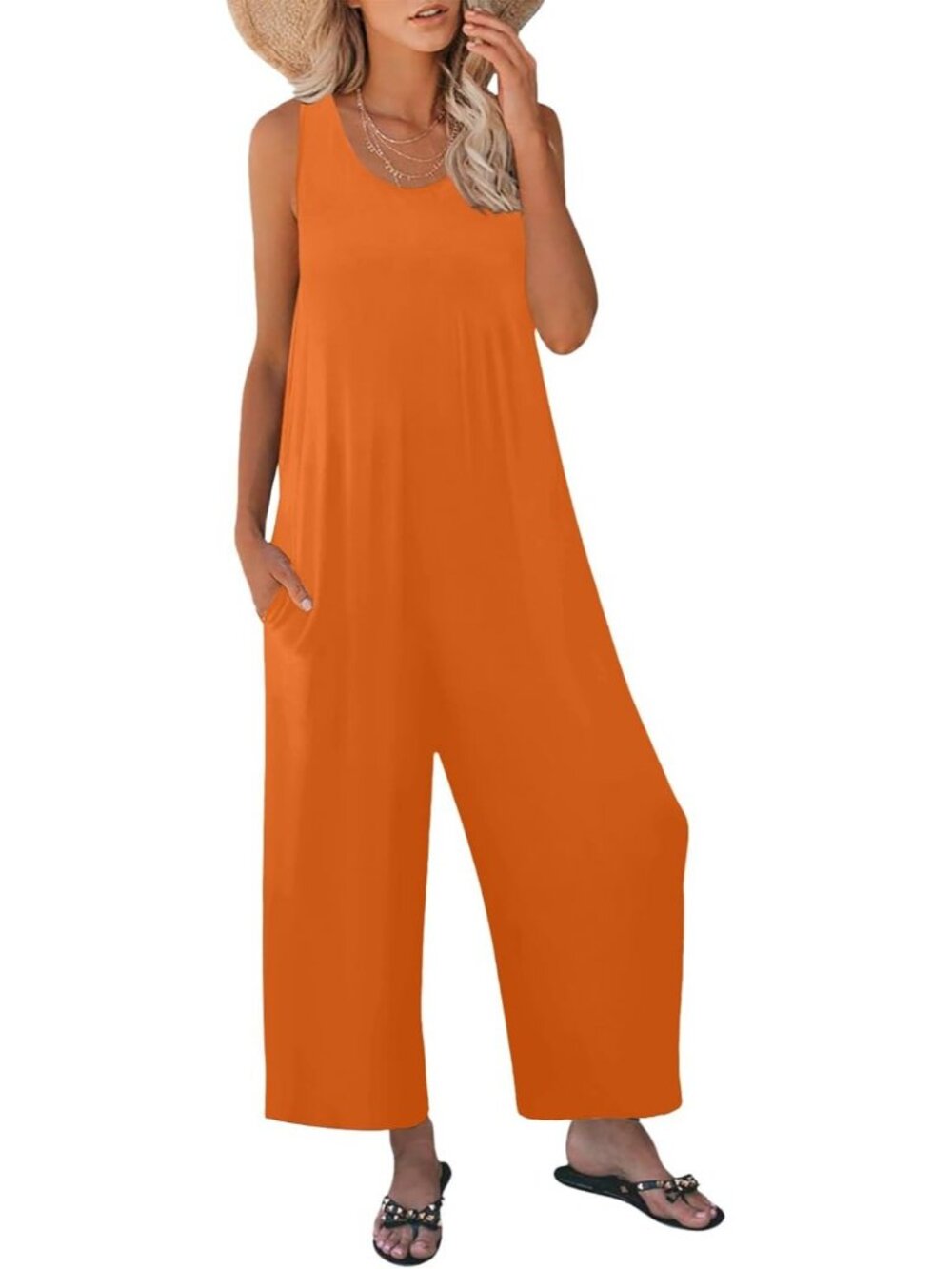 Women's Orange Casual Loose Tank Sleeveless Crewneck Long Pant Romper